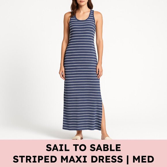 STS Sail To Sable Striped Racerback Maxi Dress Cotton Blend Medium Navy White - Picture 1 of 7